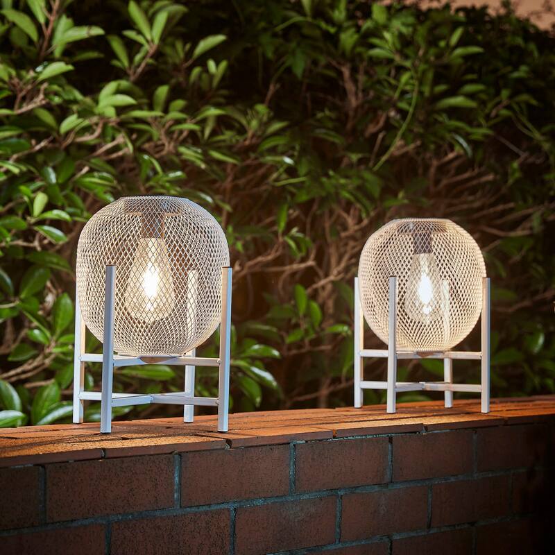 Glitzhome White Metal Outdoor Solar Lantern with Stand (Set of 2)