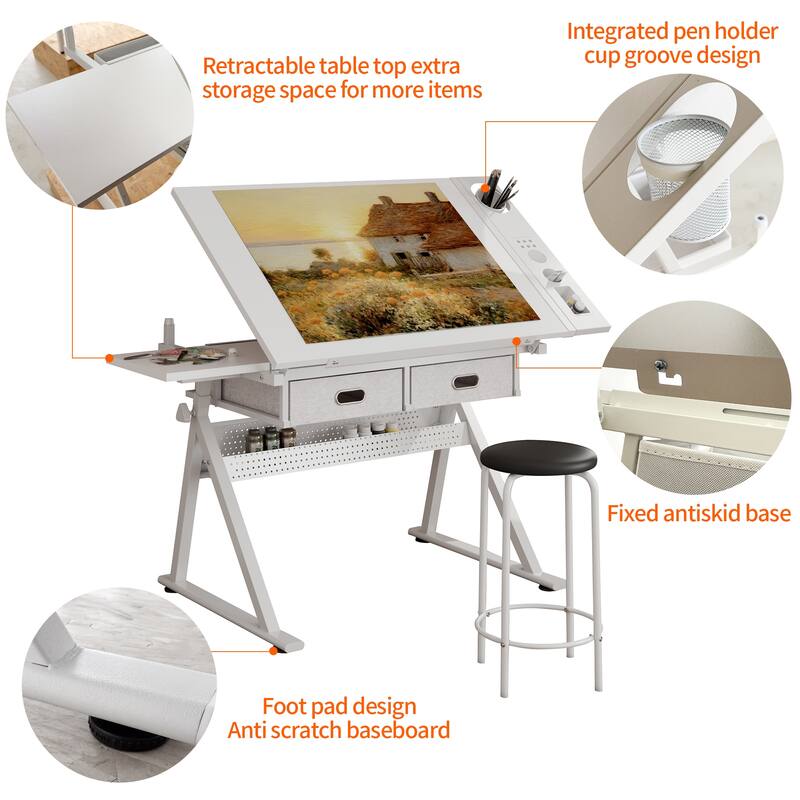 Adjustable drawing drafting table desk with 2 drawers for home office and school with stool (all white)