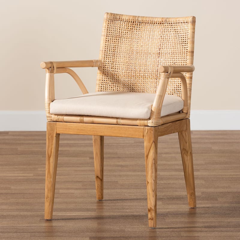 Storsel Modern Bohemian Natural Brown Finished Teak Wood and Rattan Dining Chair with Cream Fabric Cushion