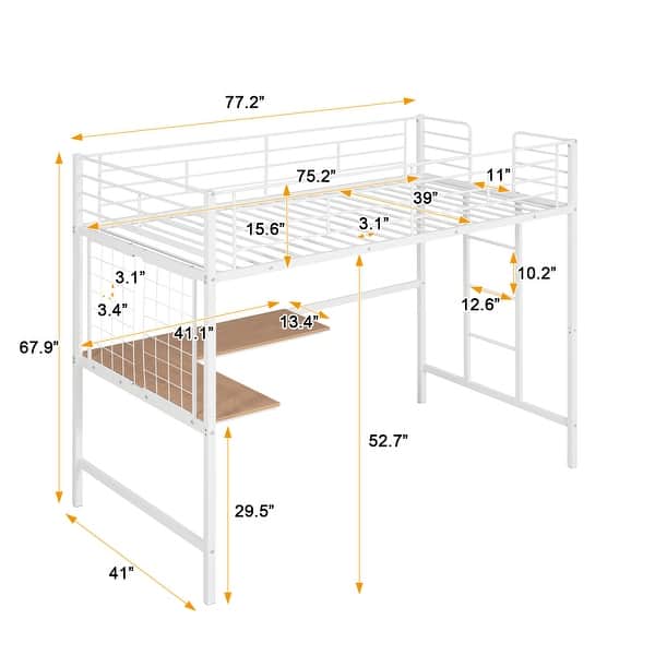 dimension image slide 1 of 2, Industrial Modern Twin Metal Loft Bed with Desk and Metal Grid, Space-saving, Sturdy Construction & Safety Guaranteed, White