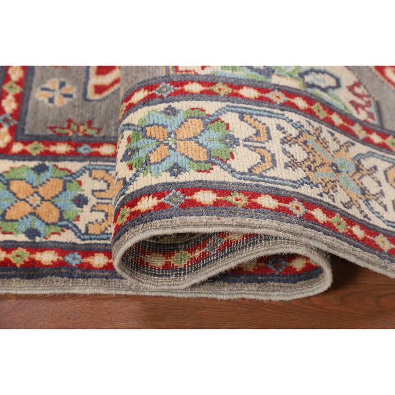 Geometric Kazak Accent Rug Handmade Grey Wool Carpet - 3'1" x 5'1"