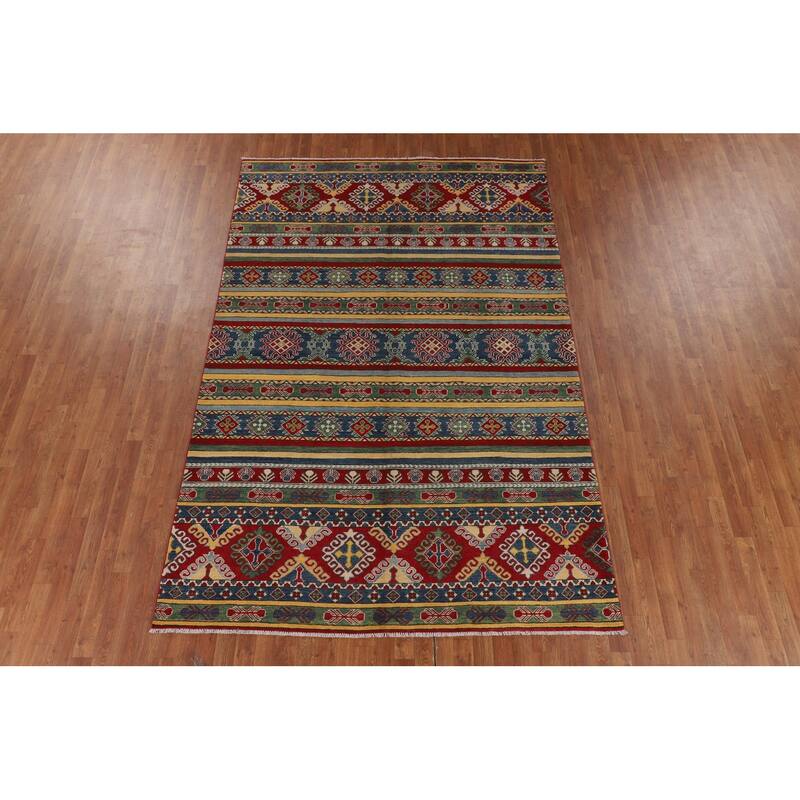 Striped Oriental Kazak Area Rug Hand-Knotted Wool Carpet - 6'7" x 9'9"