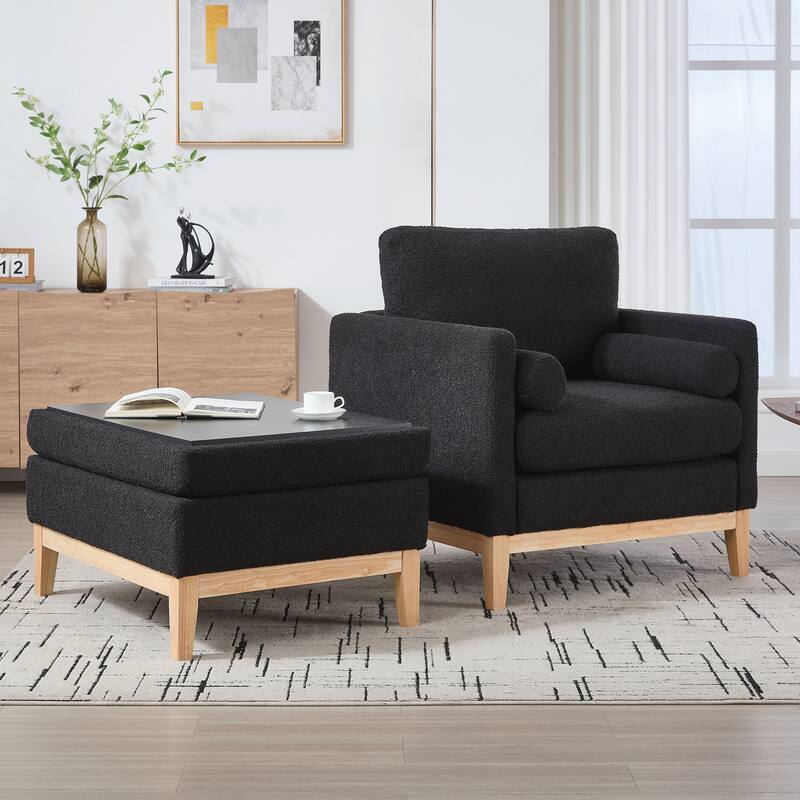 Upholstered Wood Base Square Accent Arm Chair with Ottoman
