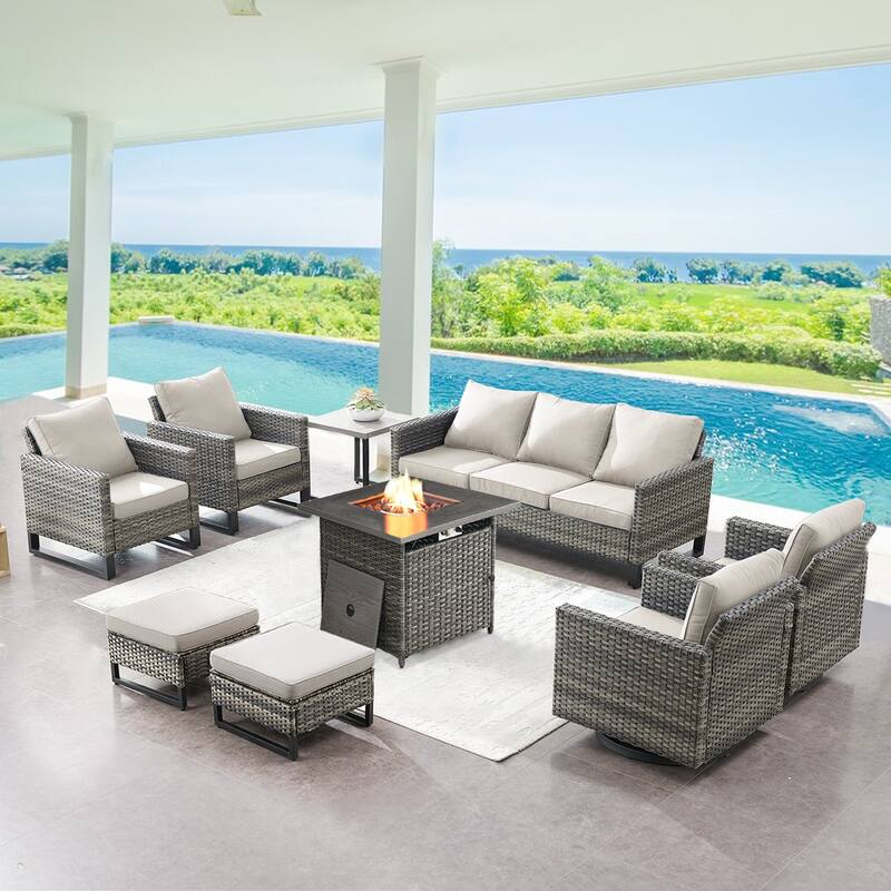 Gymojoy Outdoor Fire Pit Conversation Set, Patio Furniture with Cushions - 8 PCS - Grey Wicker / Beige Cusion