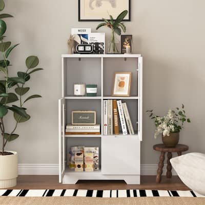 2 Glass Doors Floor Cabinet with Adjustable Shelves and Storage Cubby