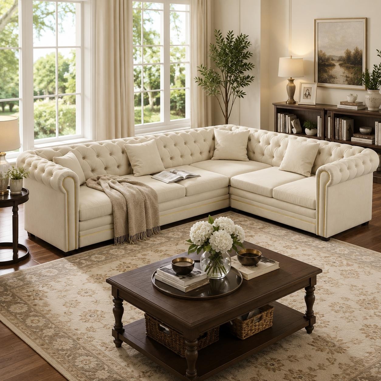 Homy Casa 115.3" Reversible L-Shaped Velvet Chesterfield Sleeper Sectional Sofa with Pull-Out Bed & Gold Trim