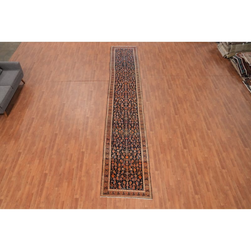 Hand Knotted Oriental 100% Kork Wool Carpet Traditional Tribal Navy Blue & Blues Bidjar Runner Rug - 18' 0'' X 3' 1''