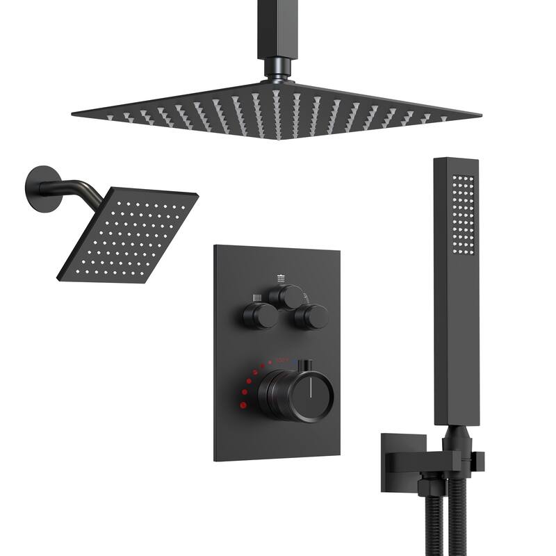 Dual Heads 12" Rainfall Shower head & High Pressure 6" Shower System w/ 3 Way Thermostatic Faucet