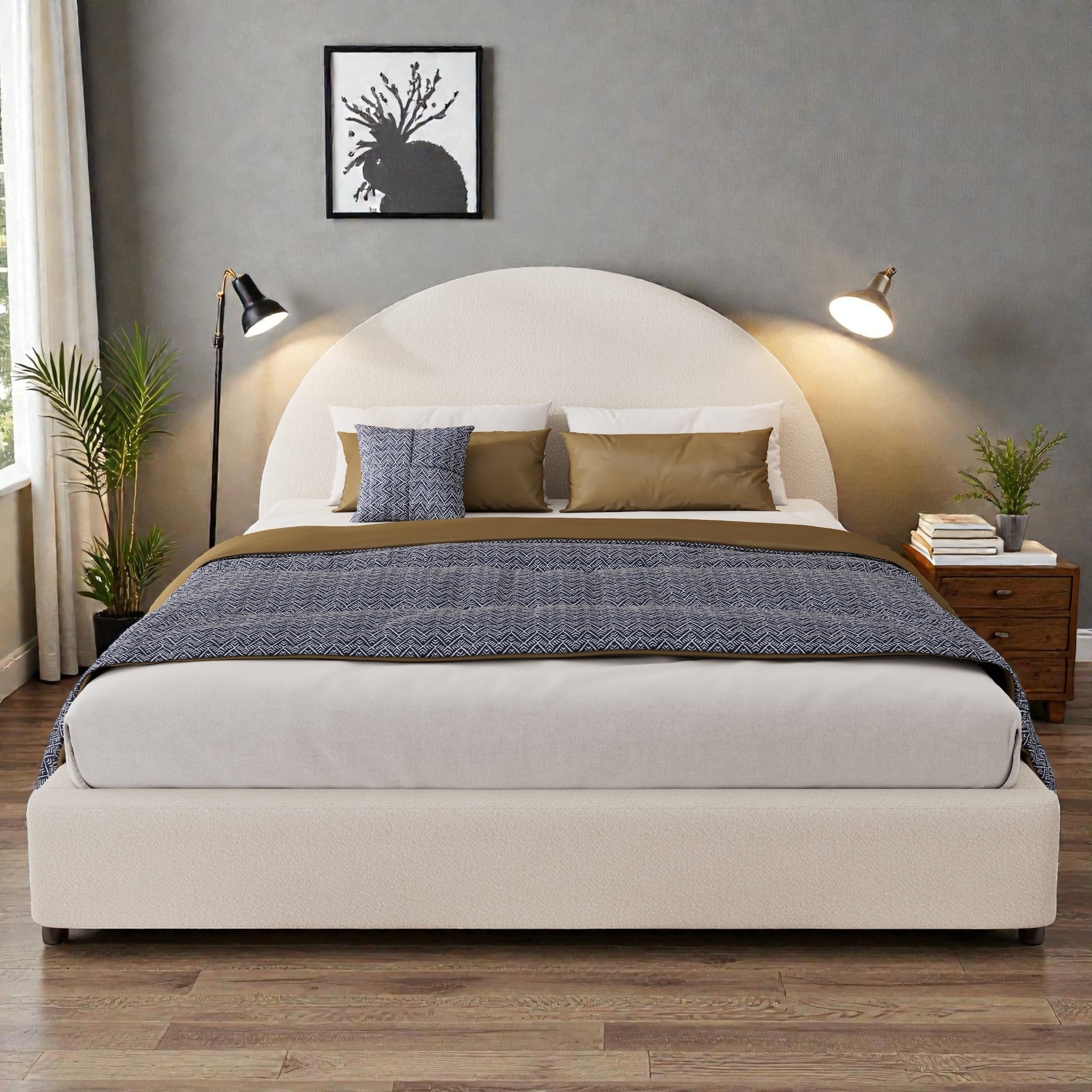 Twin/Queen/King Boucle Upholstered Bed Frame with Curved Half-Round Headboard, Platform Design, No Box Spring Needed
