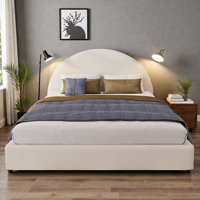 Twin/Queen/King Boucle Upholstered Bed Frame with Curved Half-Round Headboard, Platform Design, No Box Spring Needed - White - Queen