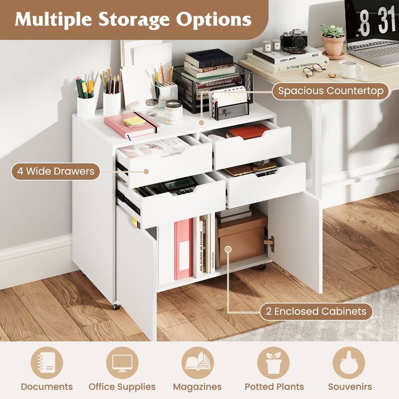 White MDF Mobile File Cabinet with 4 Drawers, Lockable Wheels and Soft-Close Doors