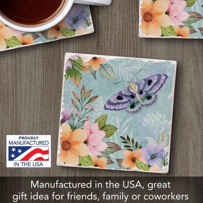CounterArt Purple Butterfly Bloom Absorbent Stone Tumbled Tile Coaster Set of 4 Made in The USA Protective Cork Backing