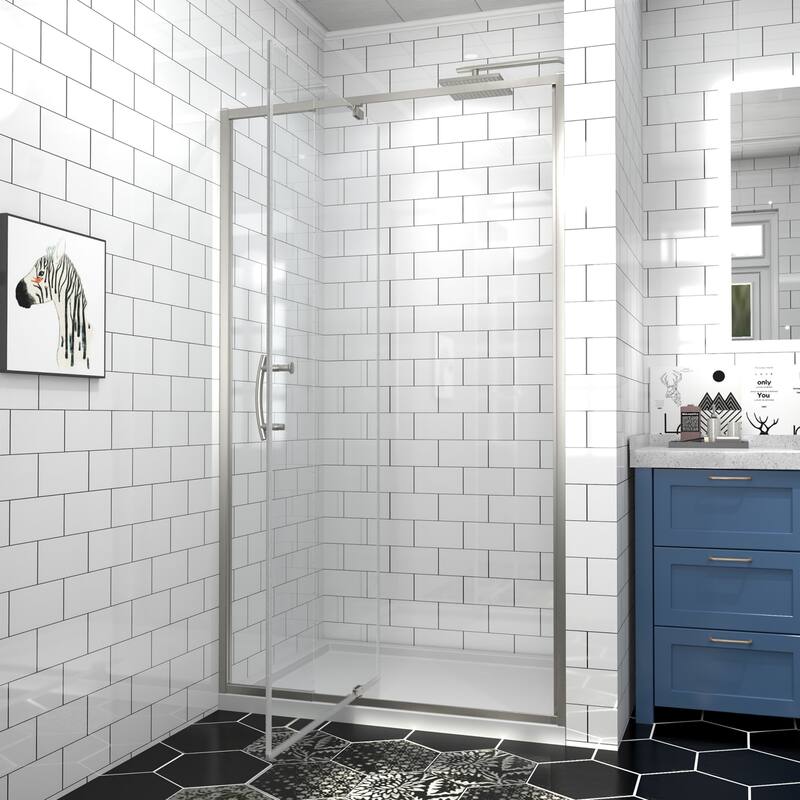 Modland 42''/48''/54''/60''W x 71''H Frameless Pivot Swing Shower Door Enclosure with 1/4" SGCC Tempered Glass Door - 42x71 - Brushed nickel