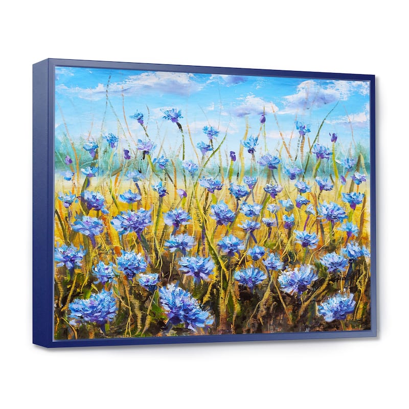 Designart "Blue Flowers in Meadow " Floral Framed Canvas - 40 in. wide x 30 in. high - Blue