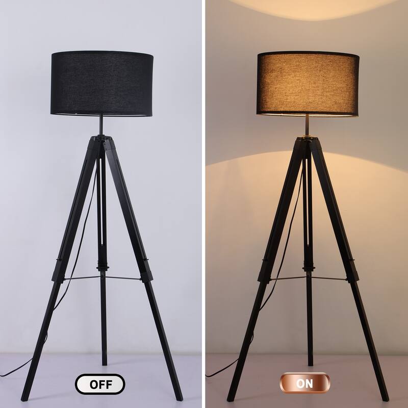 58 in. Modern Tripod Floor Lamp with Rubberwood Base and Linen KD Lampshade, Adjustable Height for Bedroom, Living Room