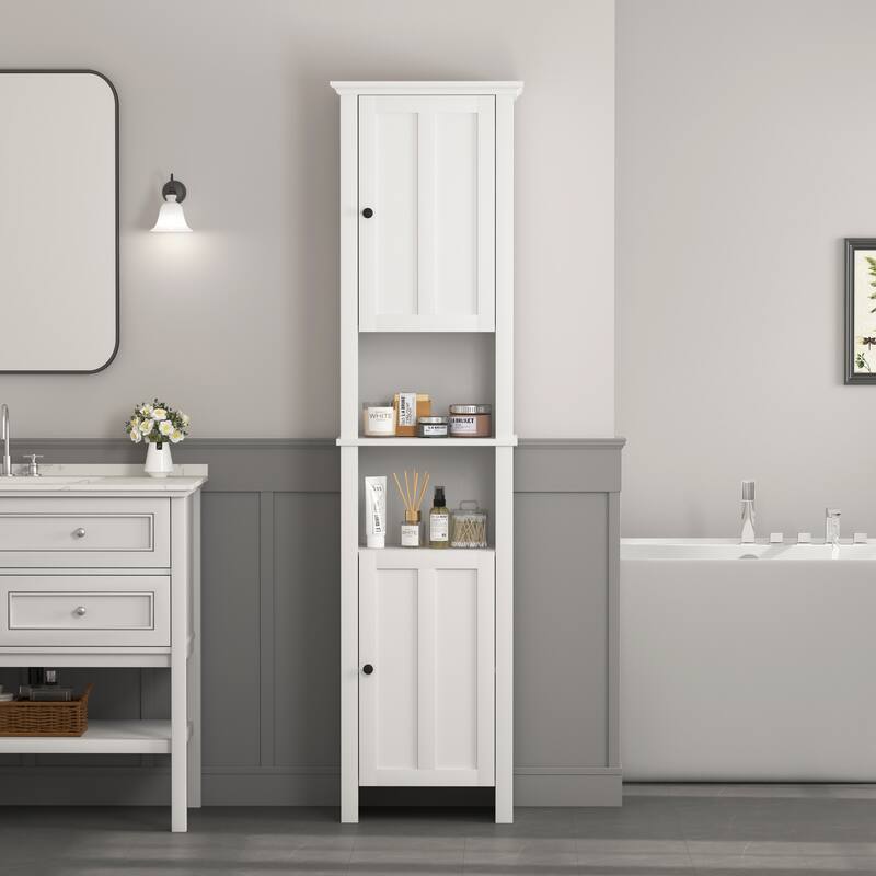 Bathroom Floor Storage Cabinet With 2 Doors Living Room Wooden Cabinet With 6 Shelves 15.75 X 11.81 X 66.93 Inch