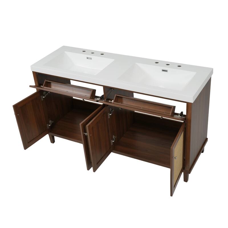 Christopher Knight Home - Bellmere 60" Modern Double Sink Bathroom Vanity with SMC Sink, Soft-Close Storage, and Wood Legs