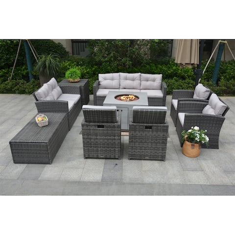 Outdoor Garden PE Ratten Sofa, Chairs and Lounger Set with Fire Pit Table