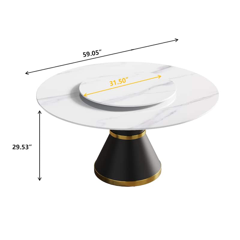 59'' Round Marble Dining Table with Solid Wood Pedestal