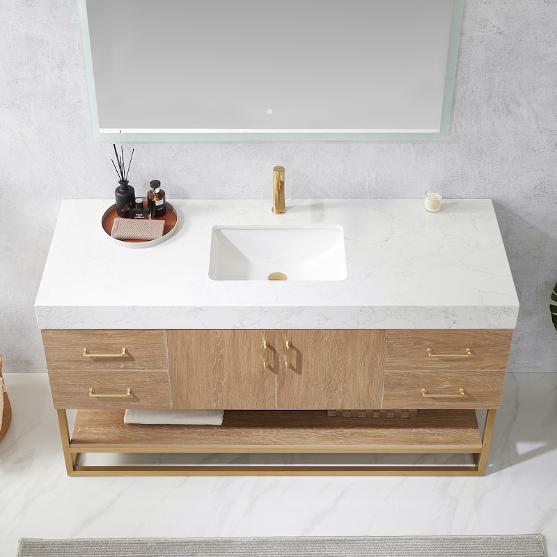 Alistair 60" Single Vanity with White Grain Stone Top without Mirror - 60" x 22"