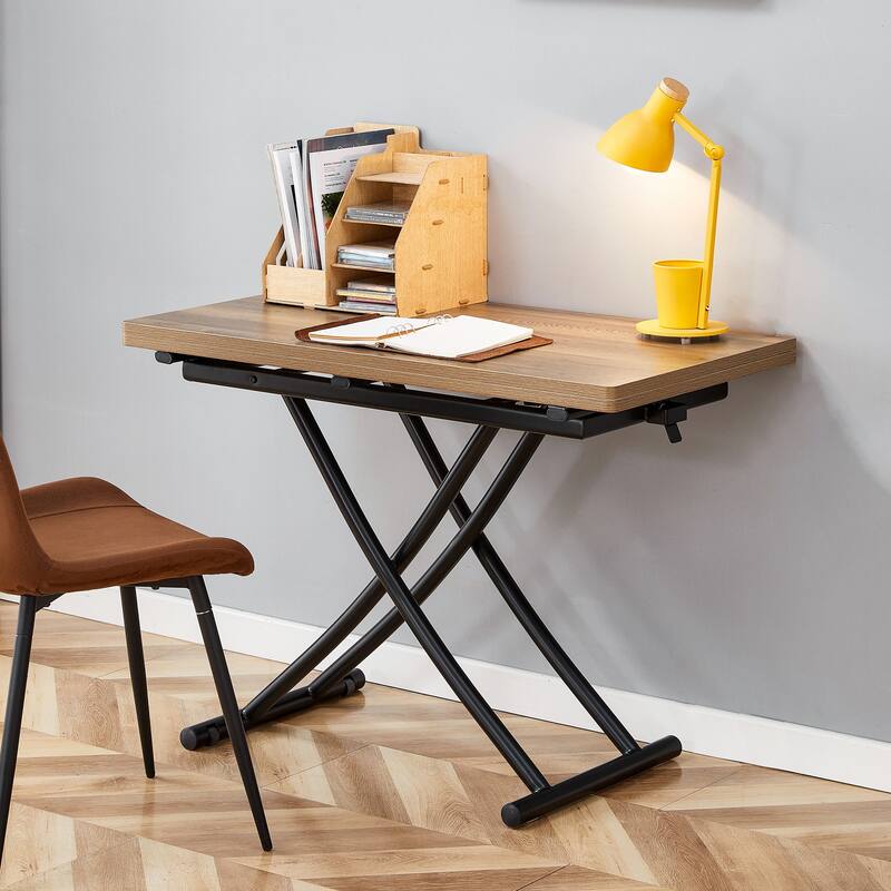 Modern Lift Table With 0.8-Inch Wood-Textured MDF Top & Black Metal Legs; Functions As Dressing, Coffee, Dining, Or Office Desk.