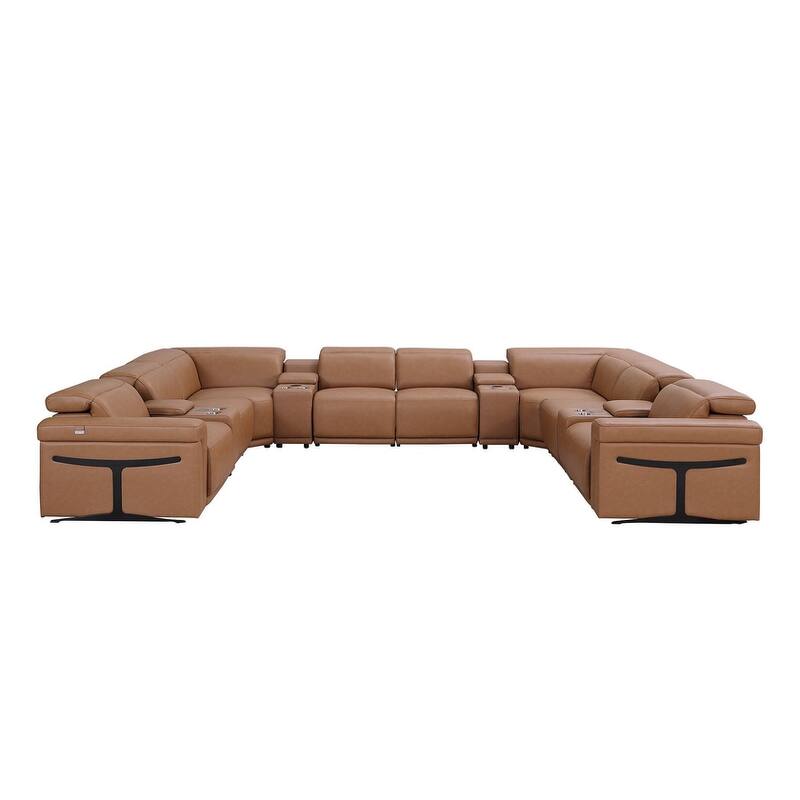 HomeRoots Chestnut Italian Leather Power Reclining U Shaped Twelve Piece Sectional With Console