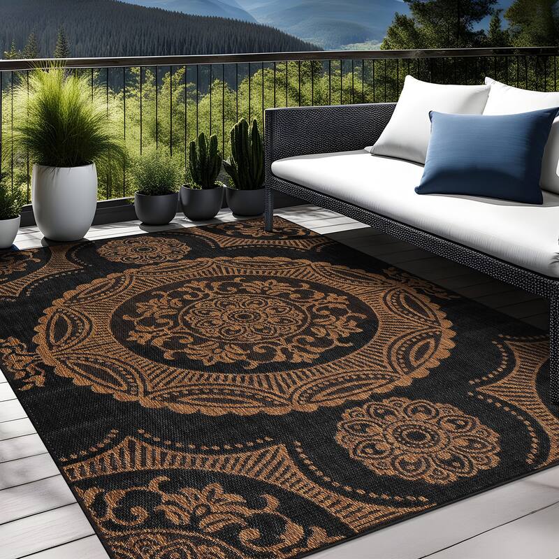 Beverly Rug Blue Medallion Indoor Outdoor Rug, Outside Carpet for Patio, Deck, Porch