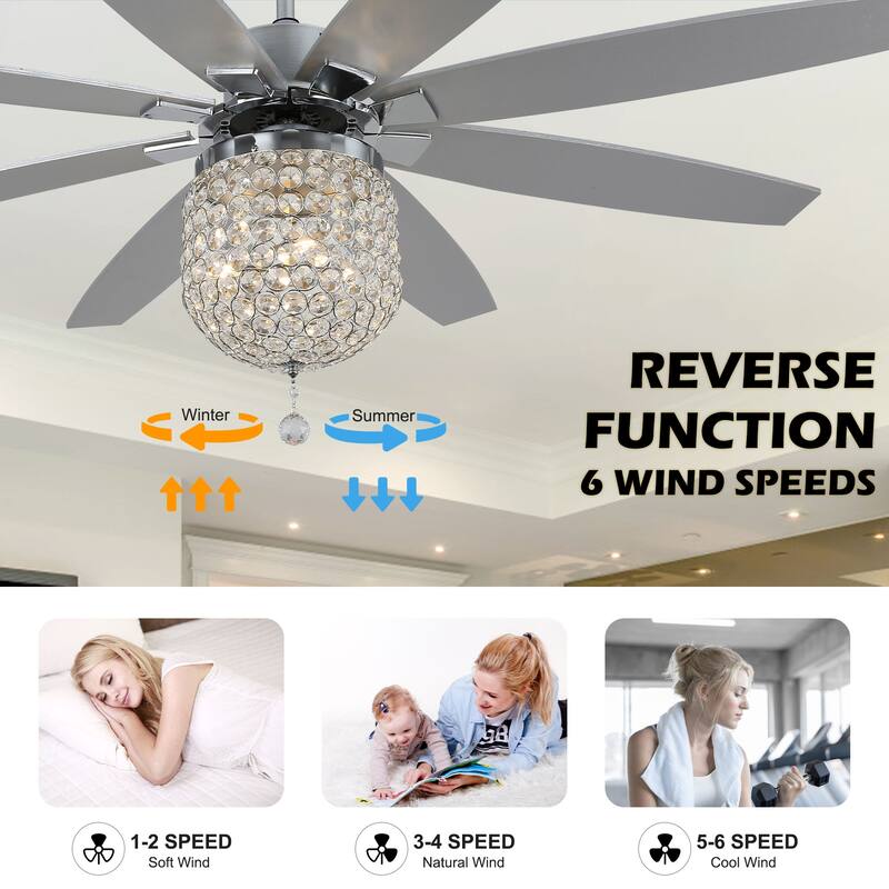 Oaks Aura 65in. Modern Glam Crystal Chandelier Ceiling Fan with Remote and Lights, Silent DC Motor Reversible Ceiling Fan - 65