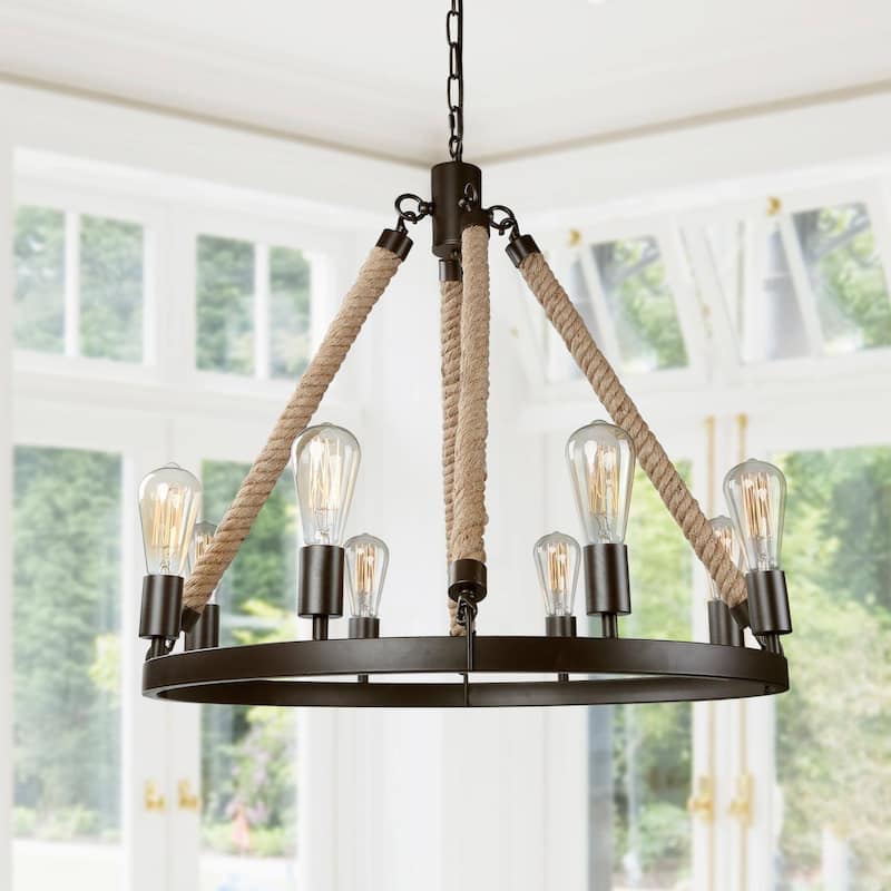 Modern Farmhouse 8-Light Wagon Wheel Chandelier for Dining Living Room - D 28" x H 26.5"