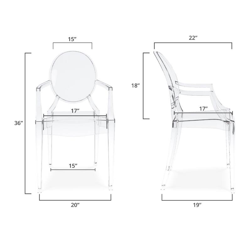 Contemporary Clear Arm Chair with Plastic Frame and King Louis Back for Dining or Accent Use - 36”H x 20”W x 19”D