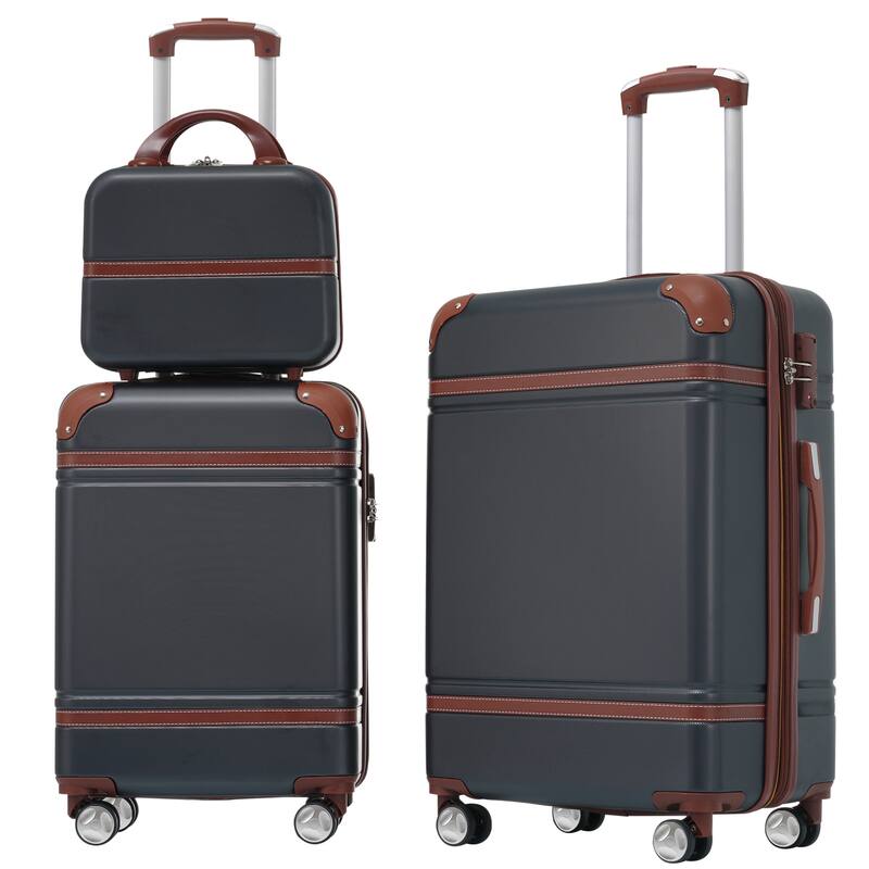 Lightweight 3-Piece Hardshell Luggage Set with TSA Lock, 20" & 24" Suitcases & Cosmetic Case - Black