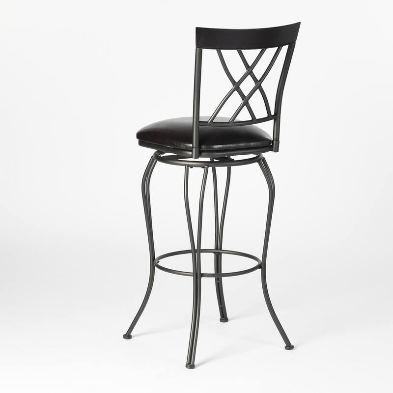 HomeRoots Set of Two 30" Black Faux Leather and Iron Bar Height Swivel Bar Chairs