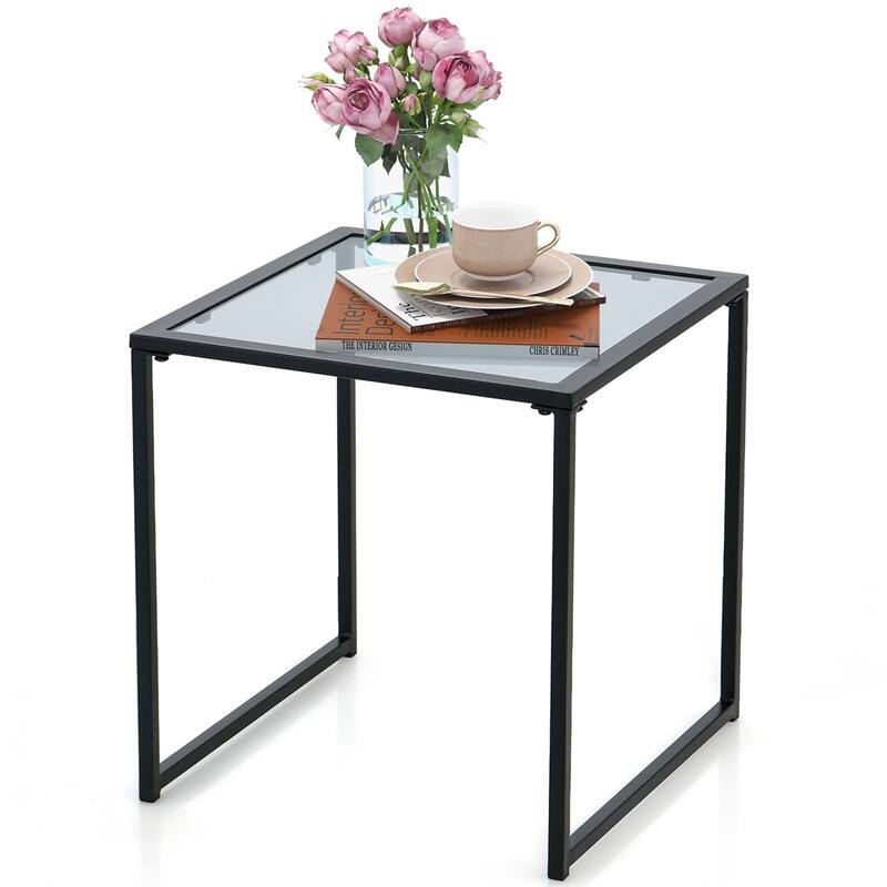 17" Outdoor Garden Patio Side Table Tempered Glass End Coffee Table - Black