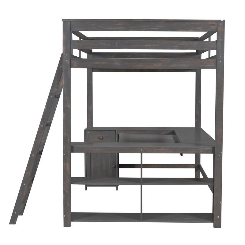 Solid Wood Loft Bed with Bulit-in U-Shaped Desk, 2 Drawers and Cabinet, Twin/Full Size Loft Bedframe w/ Storage Shelves & Ladder
