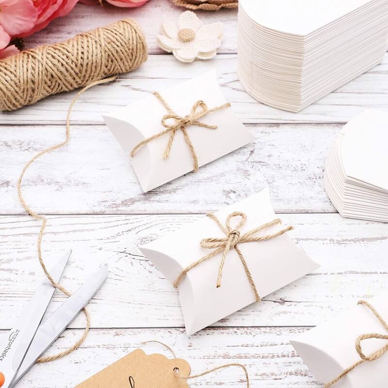 Bright Creations 100 Pack Kraft Pillow Boxes Set with 100ft Jute Twins for Wedding Party Favor
