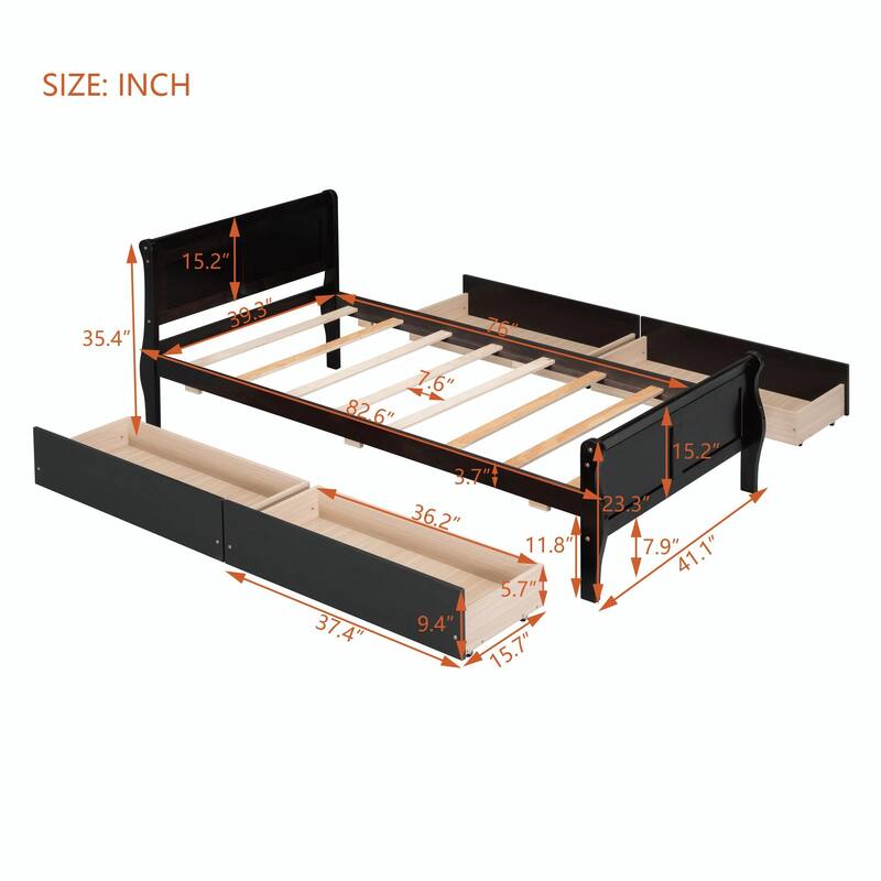 Wood Platform Bed with 4 Drawers and Streamlined Design