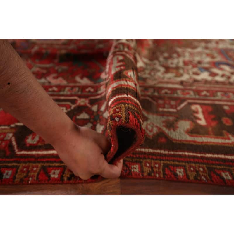 Geometric Heriz Persian Vintage Area Rug Hand-Knotted Red Wool Carpet - 7'5"x 10'9"