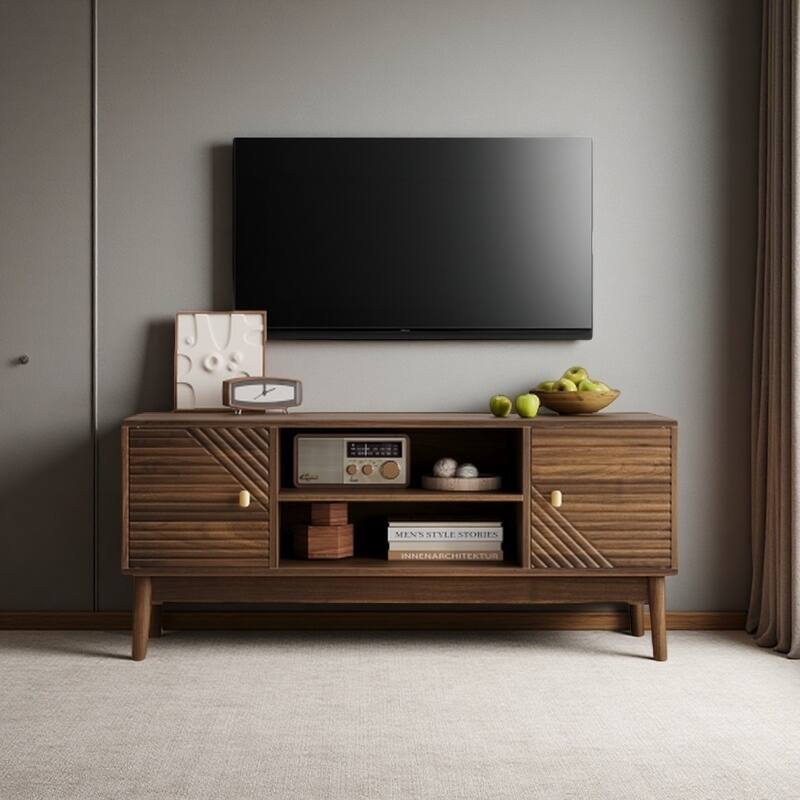 43" Entertainment Stand for 32-45 Inch TVs, Storage Cabinet with Cable Hole & Solid Wood Legs - Walnut
