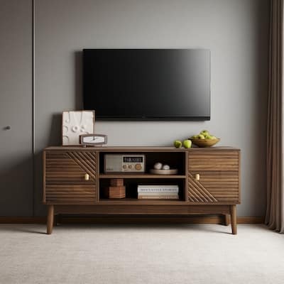 43" Entertainment Stand for 32-45 Inch TVs, Storage Cabinet with Cable Hole & Solid Wood Legs