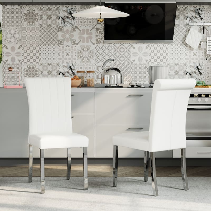 Luxury PU Leather Parsons Dining Chairs Side Chairs with Rolled Back and Stainless Steel Legs - White and Silver - Set of 2