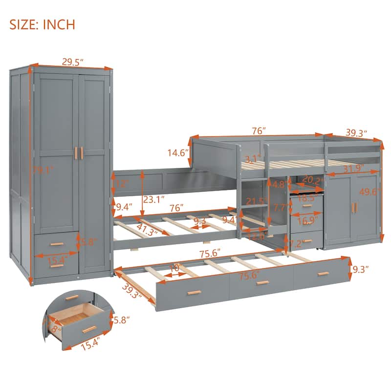 Twin over Twin Bunk Bed with Trundle,Solid Wood Low Bunk Bed Frame with Cabinet,Wardrobe,Pull-Out Desk and Storage Drawers