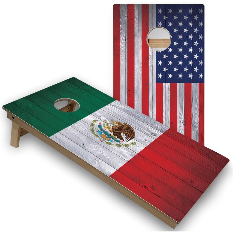Solid Wood Cornhole Boards - Mexico & USA Flag Design - Premium 2x4 (24" x 48") - Include Case + Hole Lights