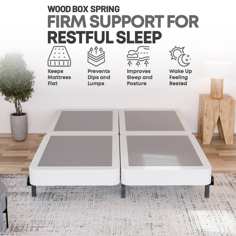 Onetan 4-Inch Wooden Box Spring, Low Profile Split Bed Foundation Ideal for Mattress, No Assembly Needed, White & black.