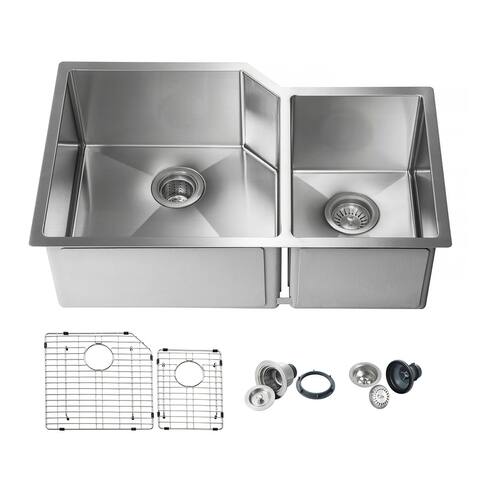 33 inch Handcrafted Undermount Double Bowl 16 gauge Stainless Steel Small Radius Kitchen Sink with Strainers and Grids - 33 Inch