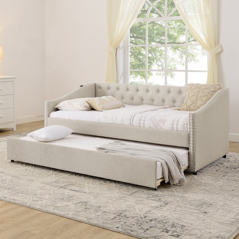 Twin Size Daybed with Pull Out Bed Trundle, Upholstered Button-Tufted Backrest Sofa Bed with Nailhead Trim & USB Charging Ports