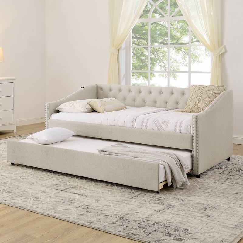 Twin Size Extendable Daybed with Pull-Out Bed, USB Charging Ports, Button Tufted Back & Nailhead Trim