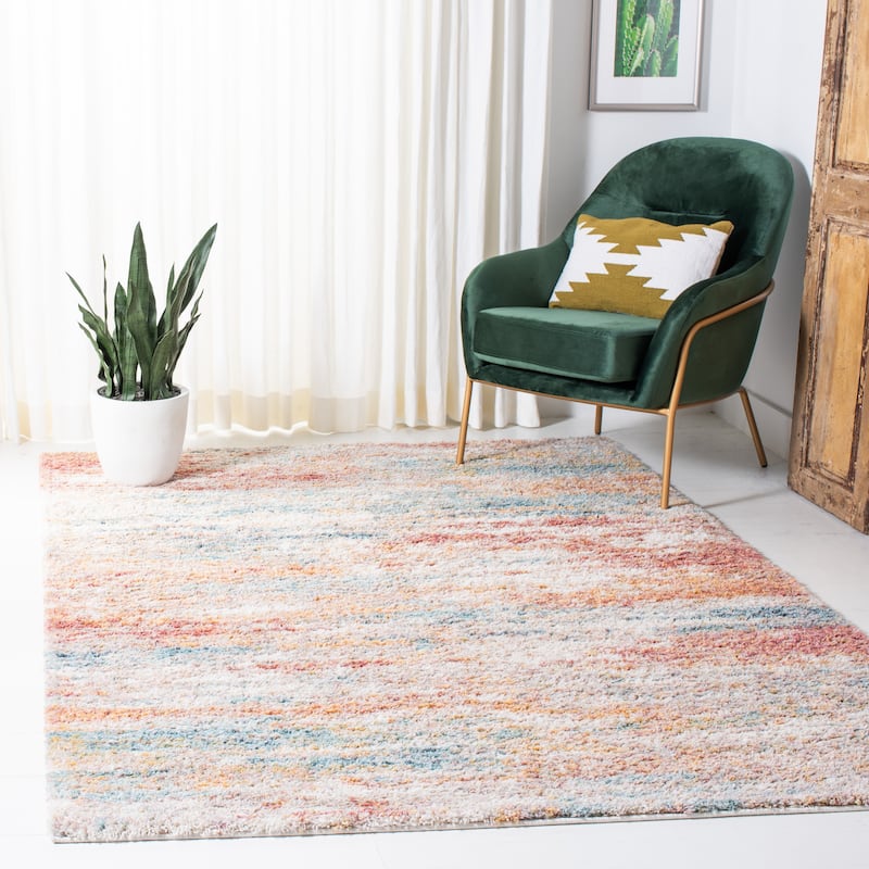SAFAVIEH Calista Shag Maiu Abstract 1-inch Thick Rug - 5'5" x 7'7" - Beige/Aqua