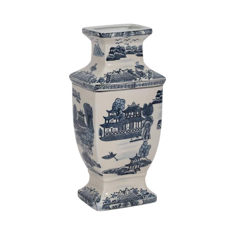 Sagebrook Home Ceramic Vase Contemporary Blue and White Chinoiserie Temple Design Floral Vase