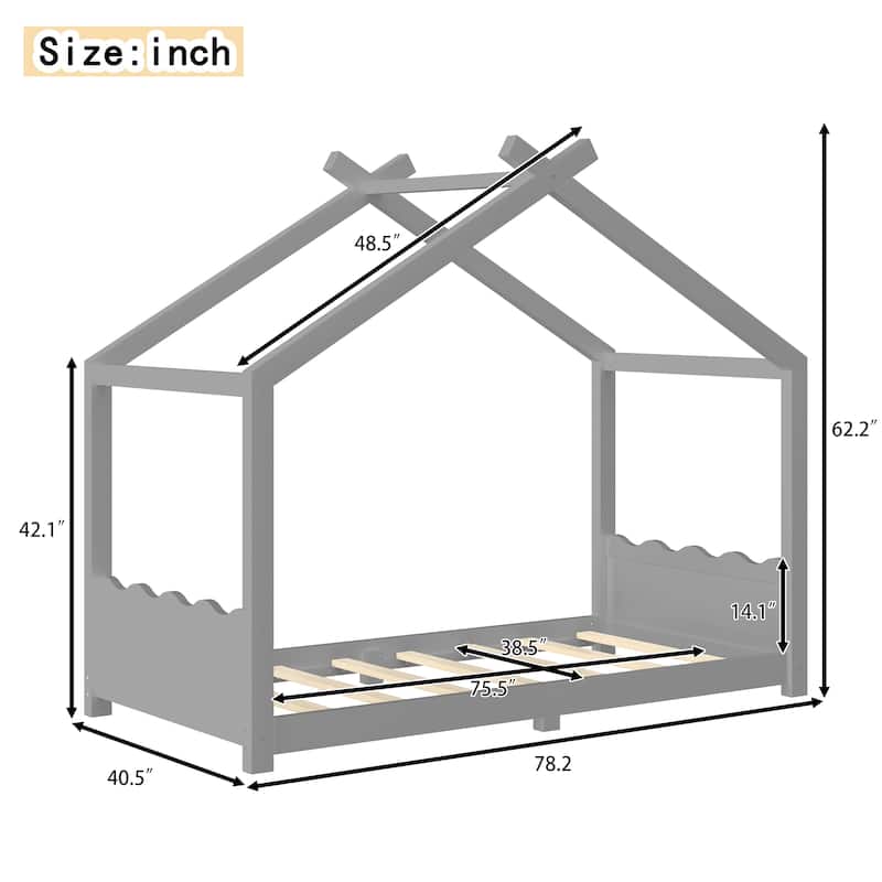 Queen/Full/Twin Solid Wood House Floor Bed, No Box Spring Needed