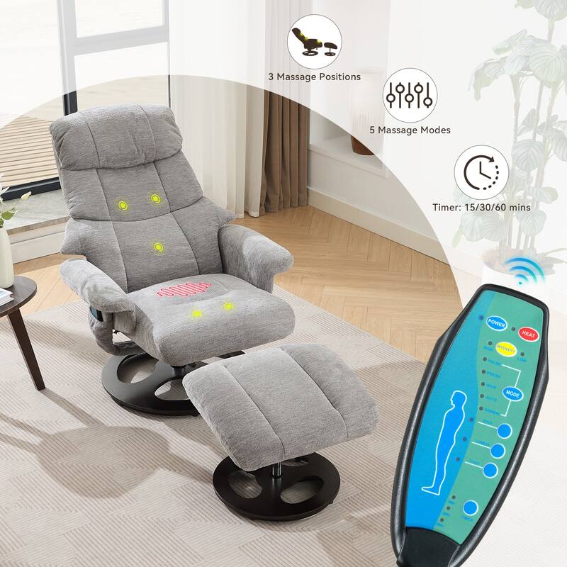 Recliner Chair with Ottoman, 360° Swivel Lounge Chair with Footstool, Chenille Fabric, Seat Heating & 140° Adjustable Backrest